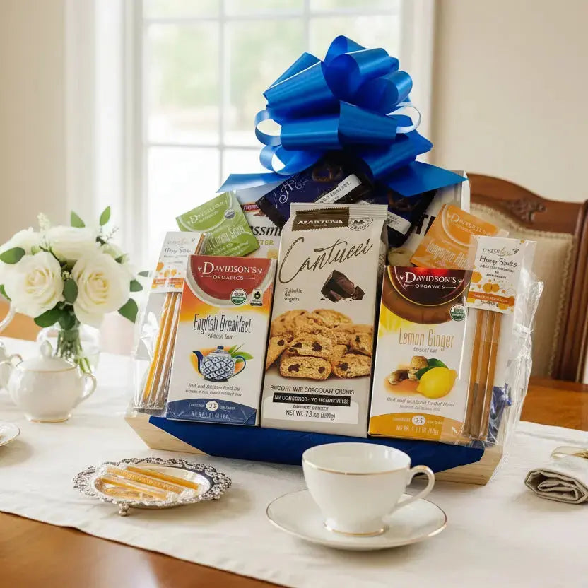 Corporate Large Tea Tray - Premium Tea & Treats Gift Basket with Handmade USA Wooden Tray