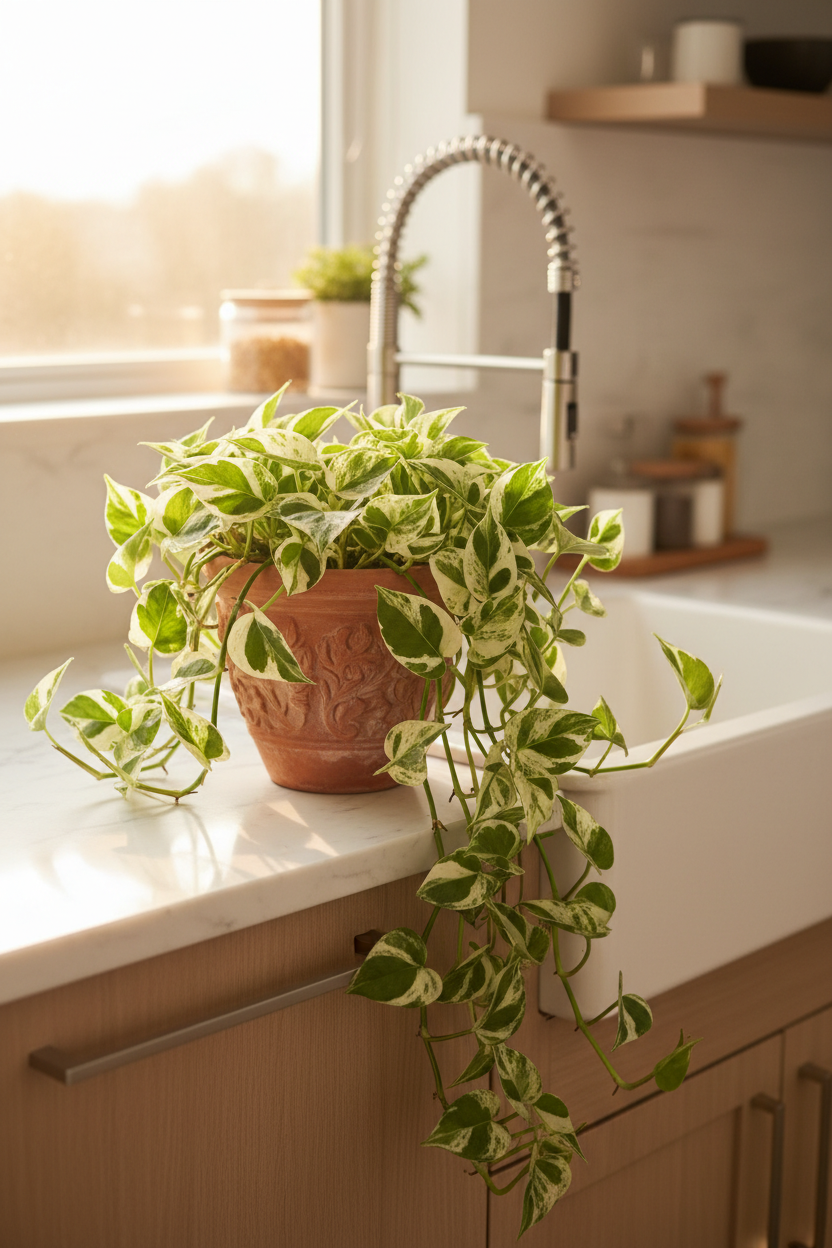 A variegated pothos plant in a terracotta pot draped over a white farmhouse kitchen sink with a modern gooseneck faucet.