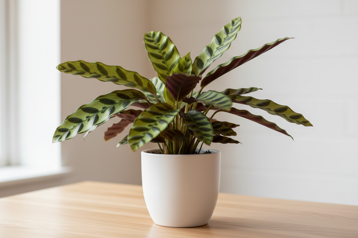 Calathea Rattlesnake – white pot, natural light