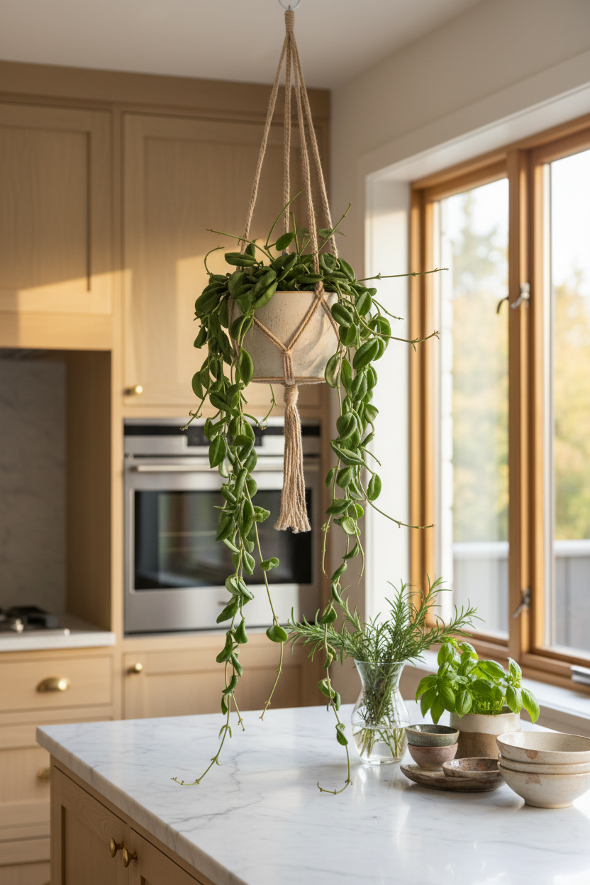 A green trailing houseplant in a cream ceramic pot hanging from a natural jute macrame hanger, displayed in a modern kitchen setting on a marble countertop.