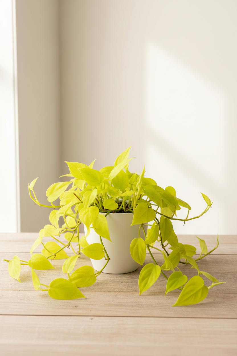 Philodendron Neon in a white nursery pot with trailing vines of small heart-shaped vivid chartreuse neon yellow-green leaves on a natural wood surface in soft natural light
