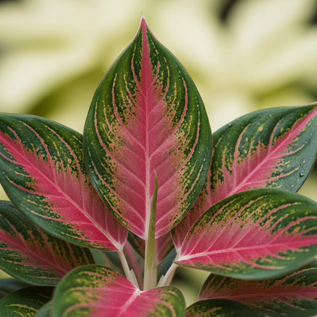 Close-up macro detail of Aglaonema Lady Valentine leaves showing vivid crimson-pink centers fading to rich emerald green borders with glossy surface and subtle veining
