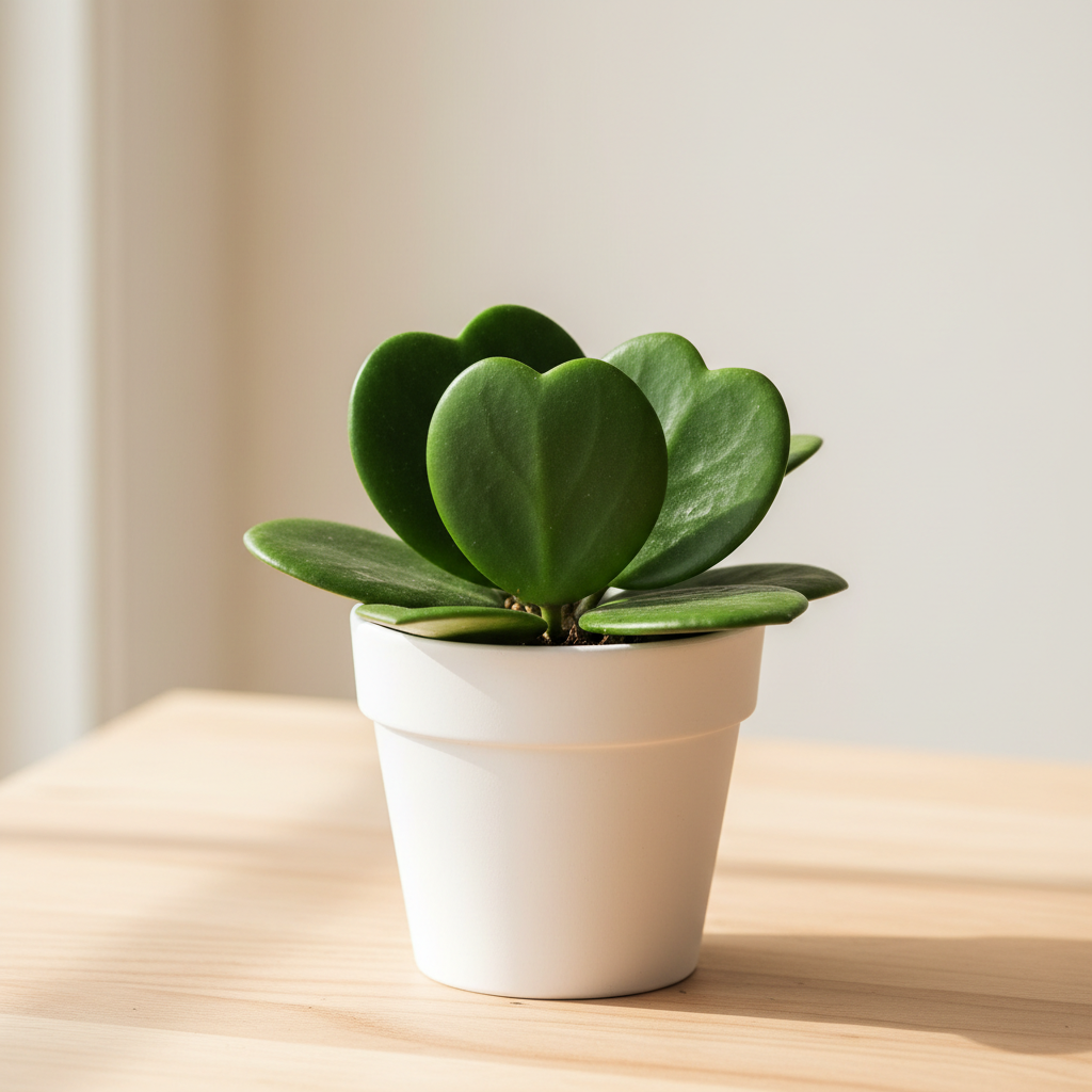 Hoya Sweetheart Kerrii single heart-shaped thick waxy bright green leaf in a small white pot on a natural wood surface in soft natural light