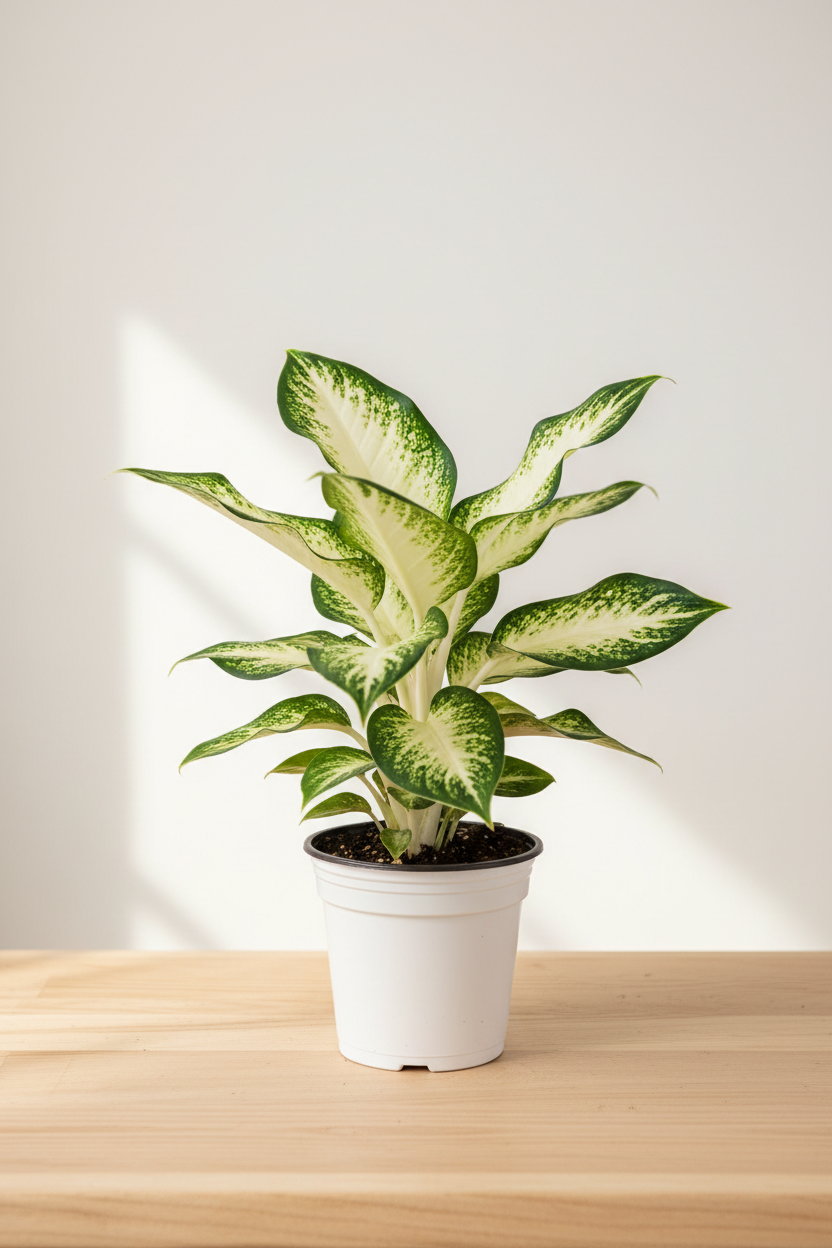 Dieffenbachia Camille in a white nursery pot with broad creamy ivory-white leaves and rich green margins on a natural wood surface in soft natural light