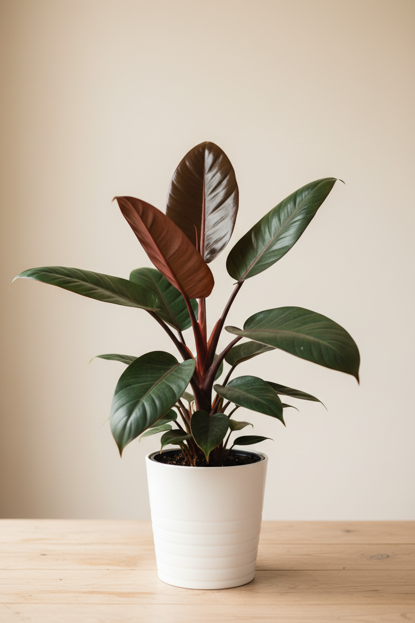 Philodendron Congo Rojo in a white nursery pot with large glossy oval leaves emerging deep burgundy-red and maturing to dark green with reddish stems on a wood surface in natural light