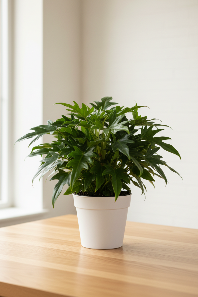 Philodendron Little Hope in a white nursery pot with compact bushy rosette of deeply lobed and divided dark green glossy leaves on a natural wood surface in soft natural light