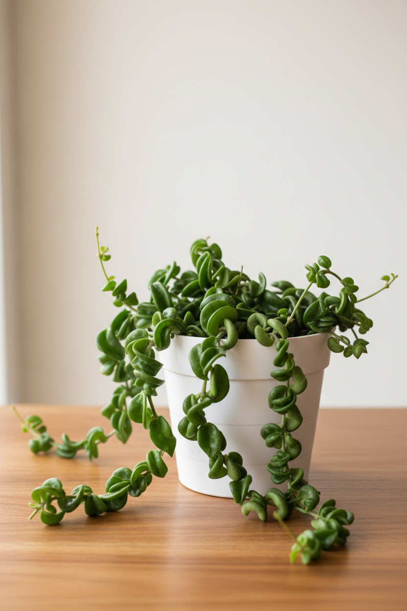 Hoya Rope Plant Hindu Rope in a white nursery pot with densely curled twisted waxy leaves on cascading rope-like vines on a natural wood surface in soft natural light