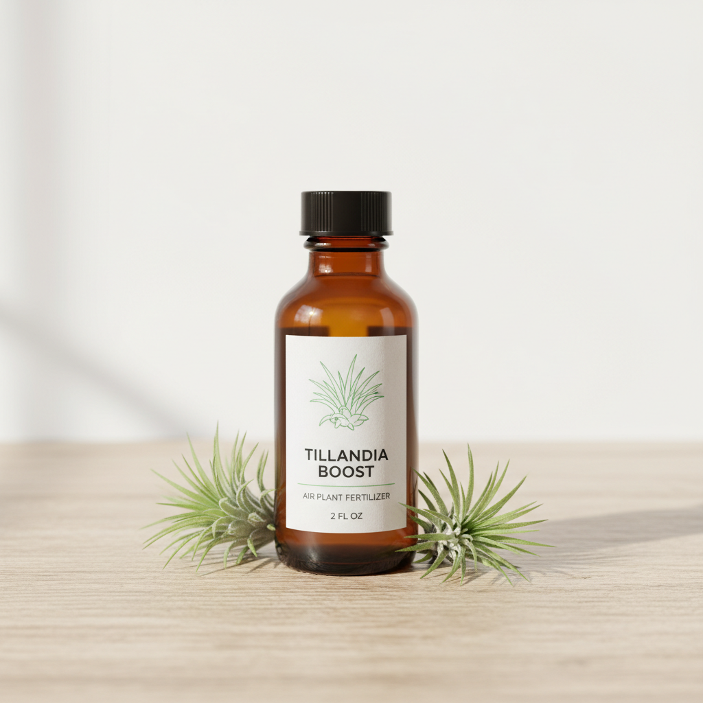 Tillandsia Air Plants Fertilizer 2oz bottle for air plant care on a natural wood surface in soft natural light