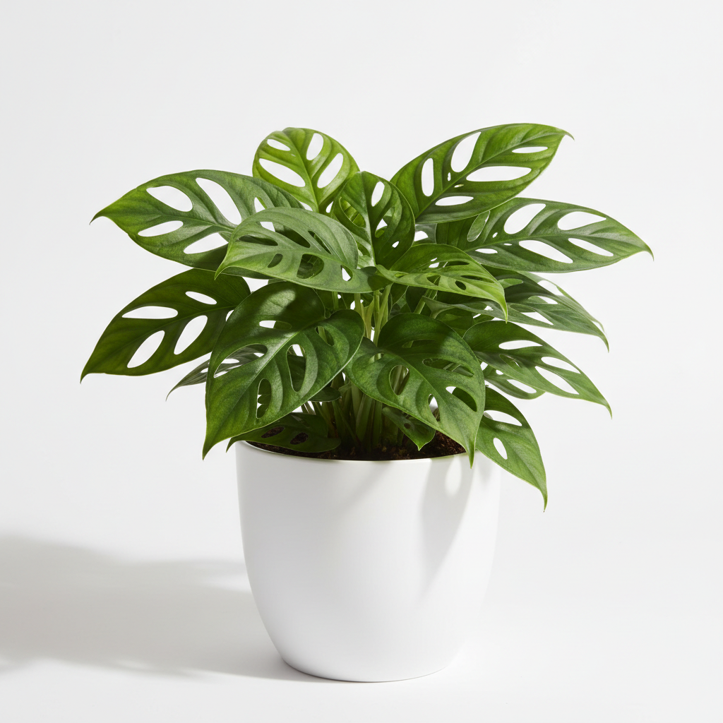 A potted Monstera deliciosa plant with distinctive green split leaves, presented in a white ceramic pot against a clean white background.