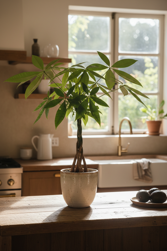 A potted green plant with a multi-stemmed trunk in a speckled beige ceramic pot, placed on a rustic wooden kitchen island in front of a bright window.