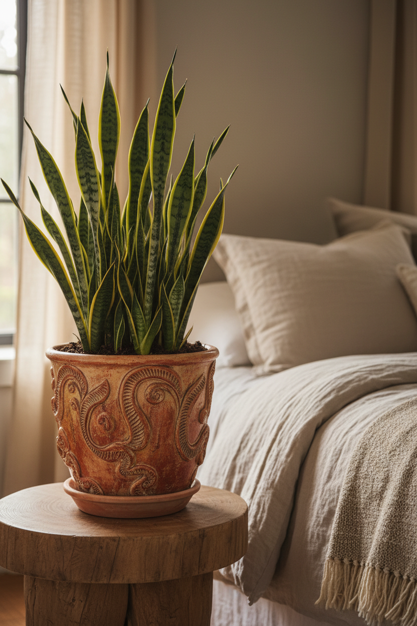 A tall snake plant in a decorative terracotta pot sitting on a round wooden stool next to a bed with neutral beige bedding.