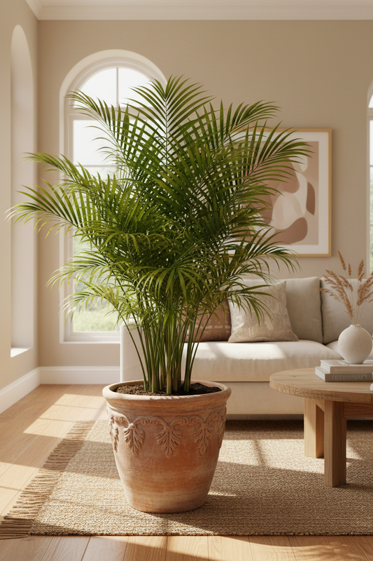 A tall green palm plant in a large terracotta-colored ceramic pot, placed in a bright, modern living room with a beige sofa, wooden coffee table, and natural light coming from an arched window.