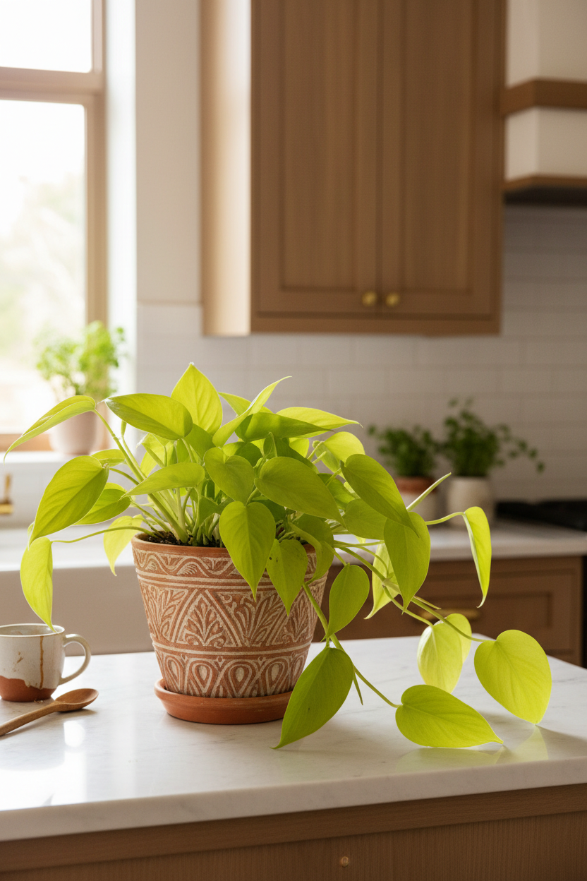 A bright green houseplant in a patterned terracotta pot sitting on a white kitchen countertop, with wooden cabinets and a window in the background.