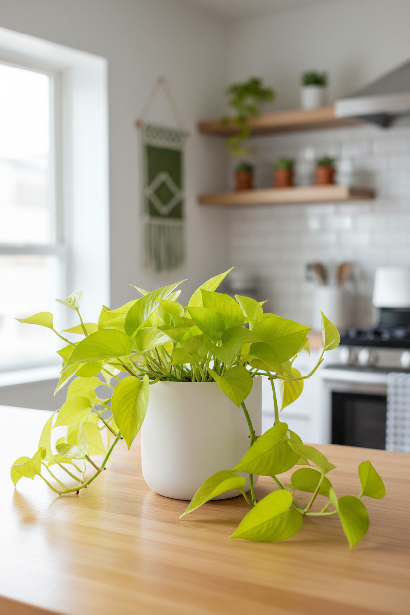 A bright green trailing houseplant in a white ceramic pot placed on a light wood countertop in a softly blurred kitchen setting.