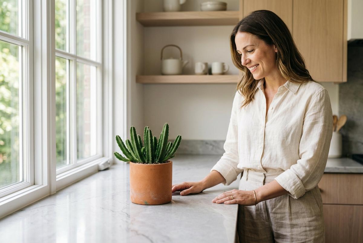 Stapelia succulent in a bright kitchen with a woman admiring it