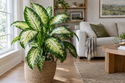 Large green-and-cream variegated houseplant in a woven basket beside a sunny living-room window