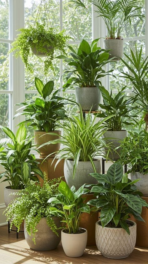 Air-purifying houseplants in a bright, healthy home interior