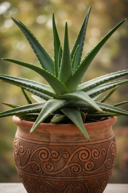 Lush green Aloe Vera plant in an ornate clay pot — Rooted Treasures Farms