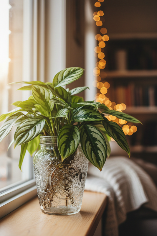 Beautiful Chinese Evergreen  growing at home in a glass jar