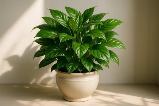 Lush green potted plant with glossy leaves in beige ceramic pot, indoor decorative houseplant