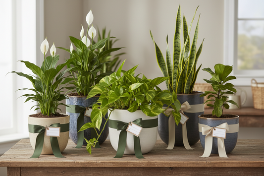 Beautiful houseplant gift wrapped in a decorative pot with a ribbon
