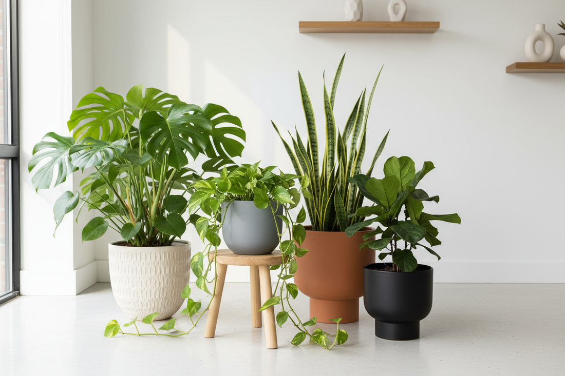 Collection of NASA-recommended air-purifying houseplants in a bright modern home