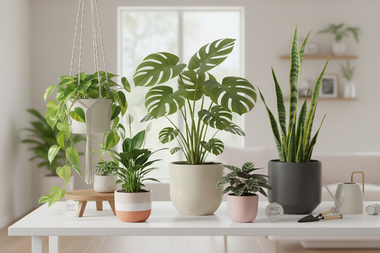 Indoor best selling houseplants including hanging pothos, monstera, snake plant, and tropical plants in decorative pots