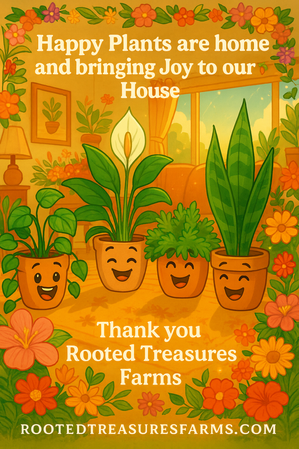 Illustration of happy potted plants with smiling faces in a cozy, flower-adorned home interior