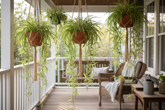 Boston ferns in hanging baskets on a beautiful front porch — Rooted Treasures Farms