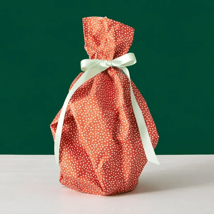 Red fabric gift bag with white polka dots tied with white ribbon on white surface and green background