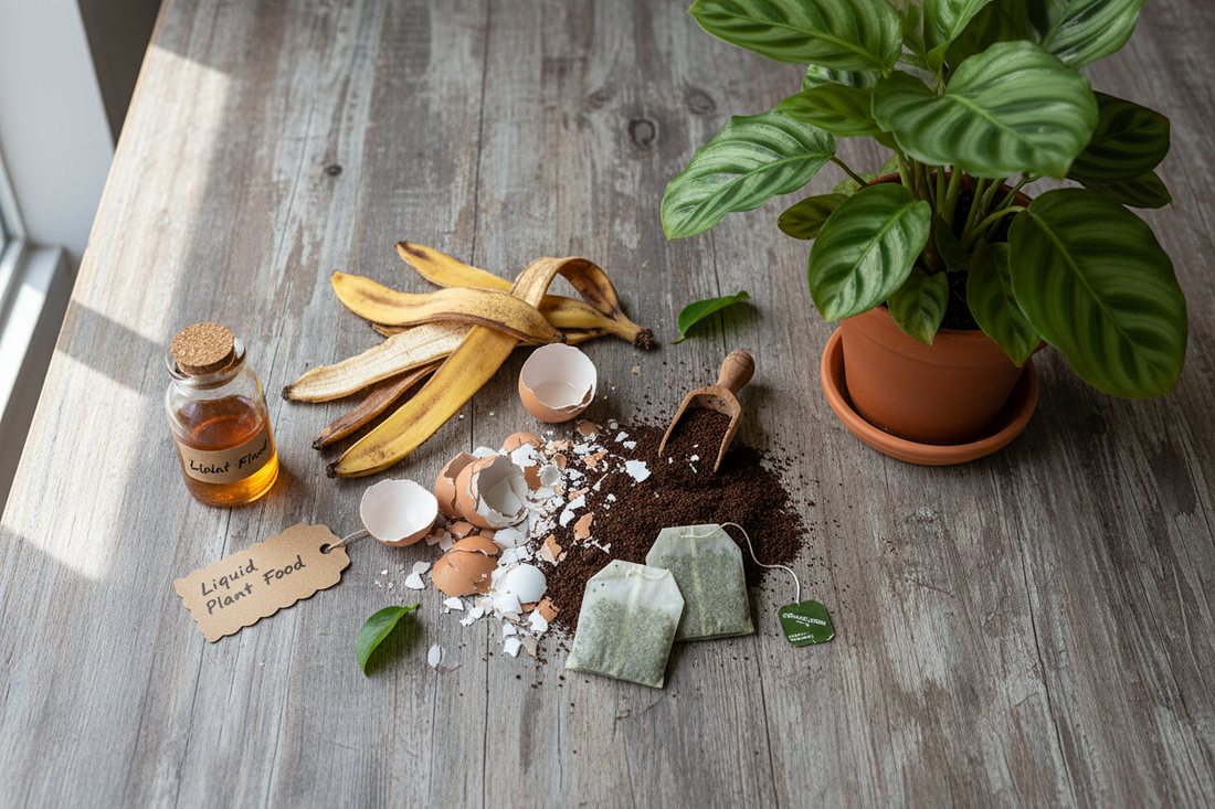 Homemade natural fertilizer ingredients for indoor plants — worm castings, compost, rice water, and banana peels
