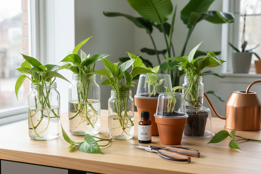 Houseplant stem cuttings propagating in water jars on a bright windowsill