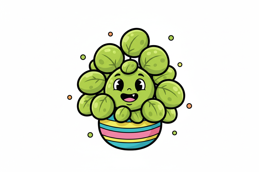Cartoon style green leafy plant with a happy face in a colorful striped pot