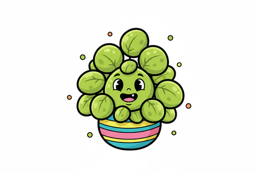 Cartoon style green leafy plant with a happy face in a colorful striped pot