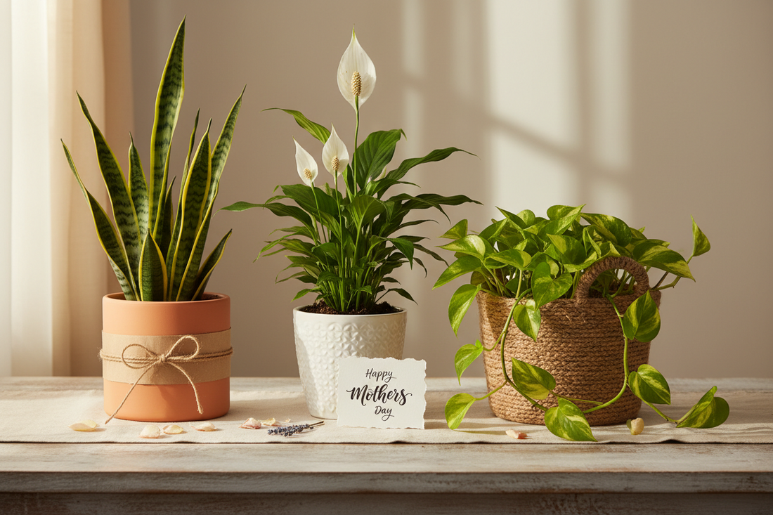 Beautiful collection of Mother's Day plant gifts including Peace Lily, Money Tree, and Orchid from Rooted Treasures Farms
