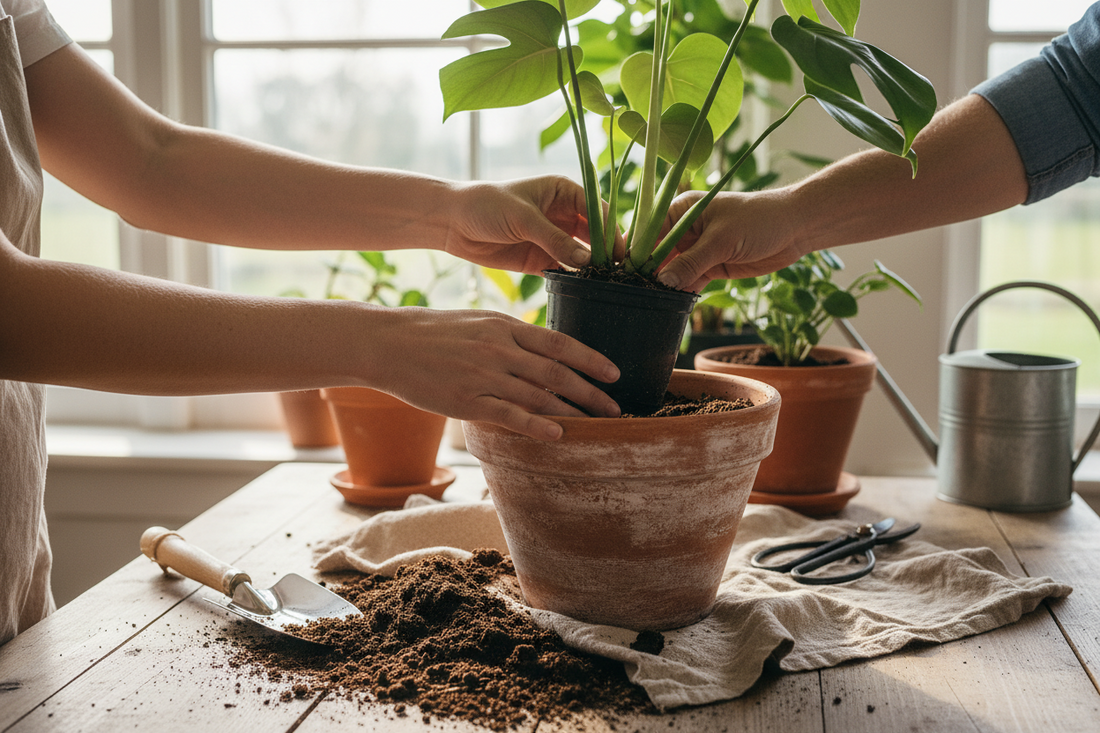 Repotting a healthy houseplant into a new terracotta pot with fresh soil
