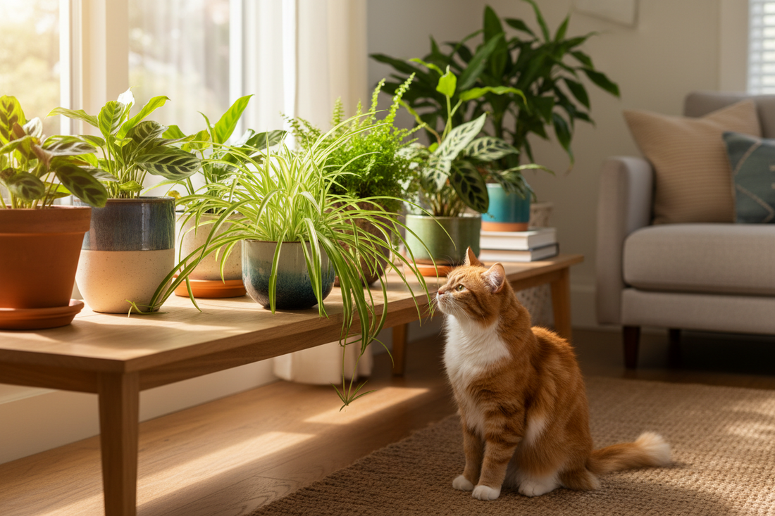 Pet-safe houseplants in a bright home with a cat and dog nearby