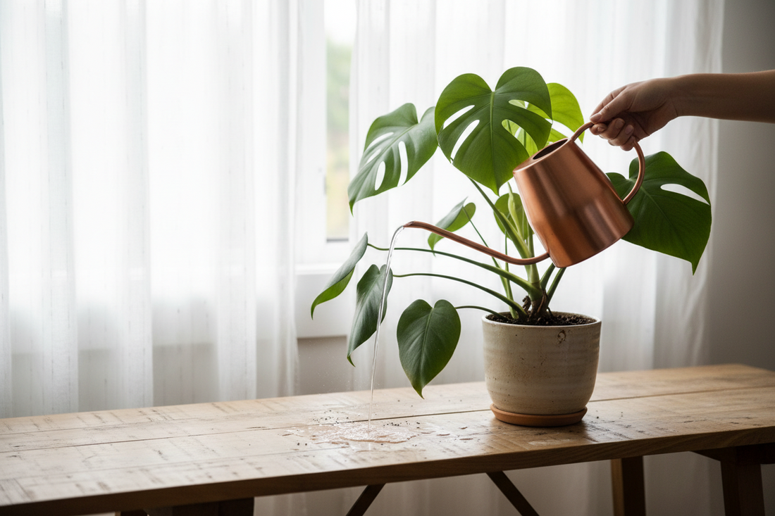 Person watering a healthy houseplant indoors with proper technique