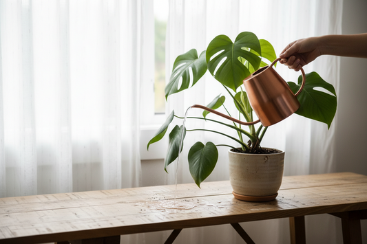 Person watering a healthy houseplant indoors with proper technique