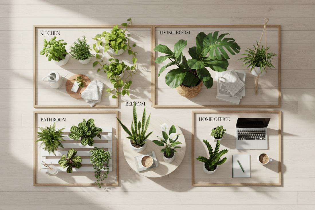 Beautiful houseplants arranged in different rooms of a bright modern home