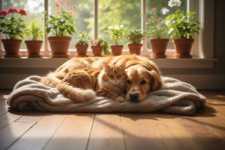 Orange tabby cat and golden retriever dog snuggling on knitted blanket by sunny window with potted plants