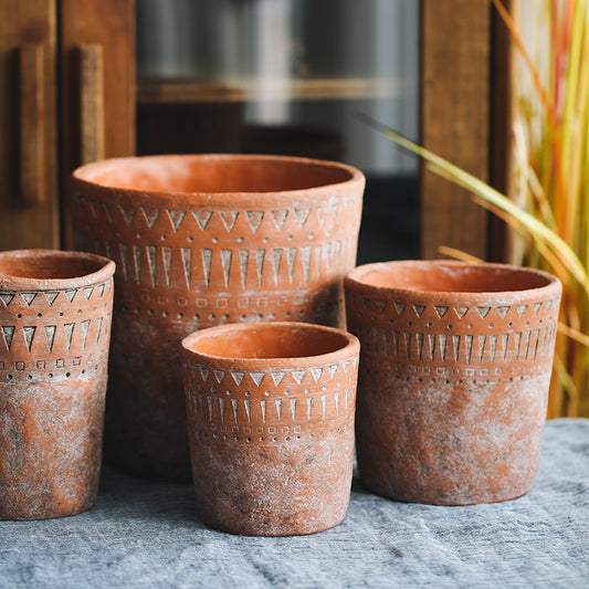 African earthenware cultivation in vintage terracotta pots.