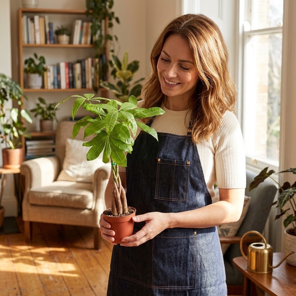 A woman wearing a blue denim gardening apron over a cream ribbed top holds a potted plant in a bright, sunlit room with wooden floors, bookshelves, and indoor plants.