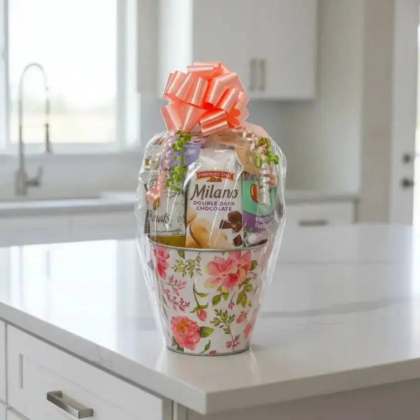 Floral Gift Basket - Gourmet Snacks in Decorative Bucket