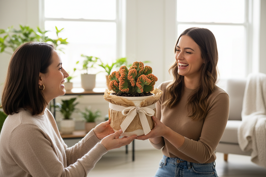 Two women smiling and presenting a small orange cactus in a rustic paper-wrapped pot with a cream ribbon, in a bright, modern living room with plants and a sofa in the background.