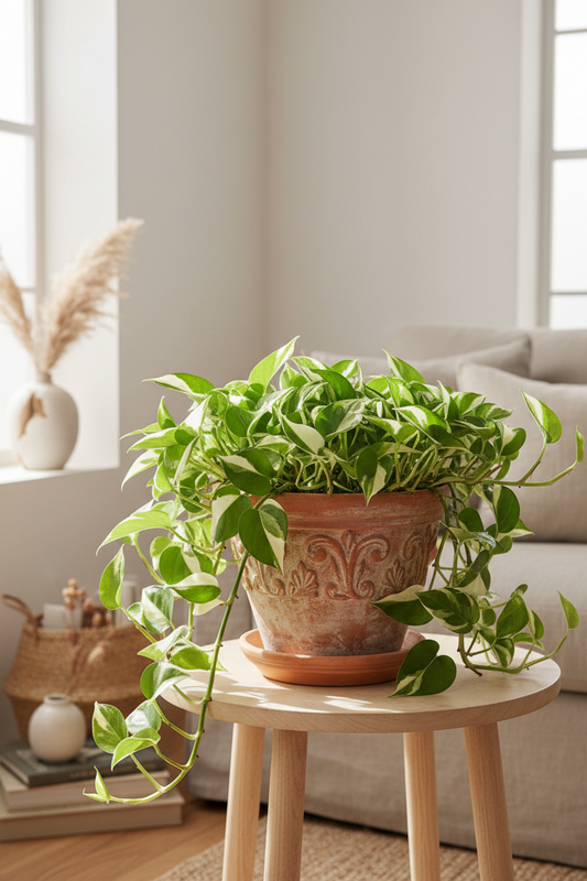 A green trailing houseplant in a terracotta pot displayed on a small round wooden stool in a bright, modern living room.
