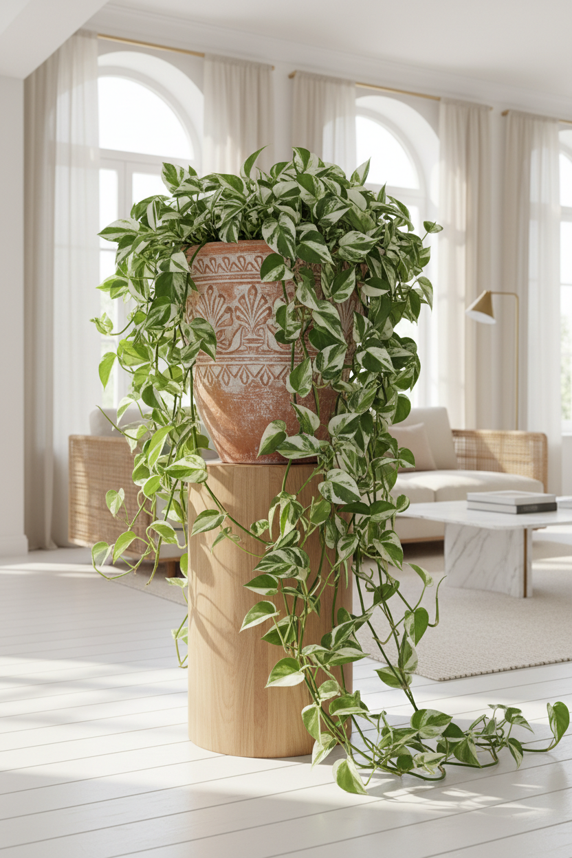 A green and white variegated trailing houseplant in a terracotta pot, displayed on a light wood pedestal in a bright, modern living room.
