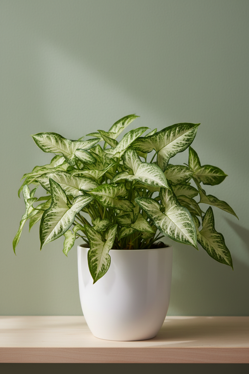 A potted variegated houseplant with green and white leaves in a white ceramic pot, placed on a light wood surface against a muted sage green wall.