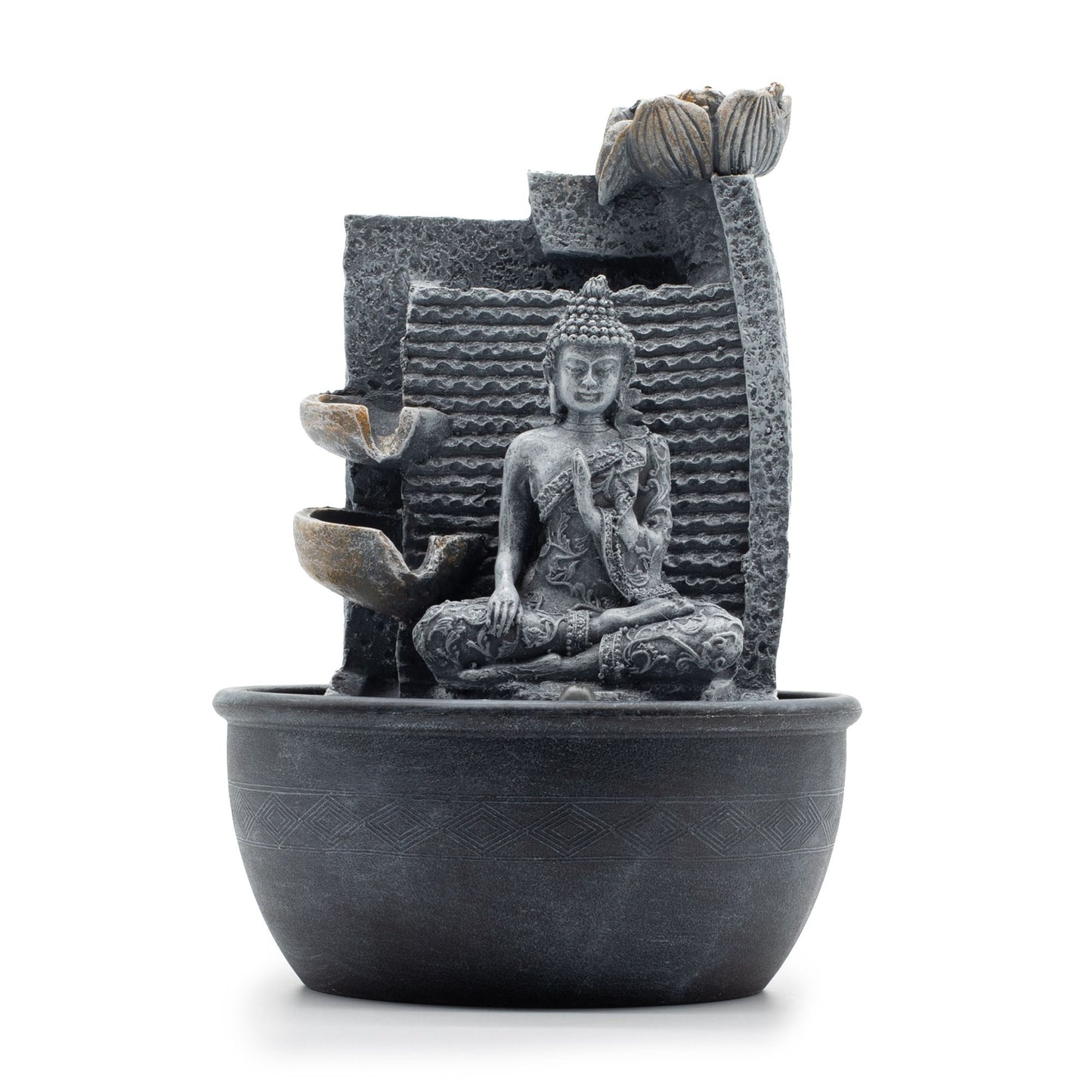 Tabletop Water Feature - 19x19x28cm - Buddha, Lotus Flower Cascading Potsx