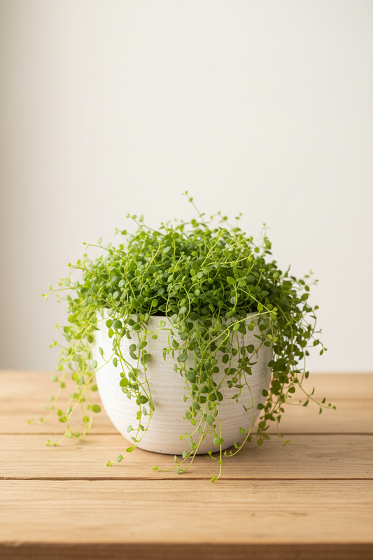 Baby's Tears Soleirolia plant in a white nursery pot with dense lush mounding carpet of tiny round bright green leaves on threadlike stems spilling softly over pot edges on a wood surface